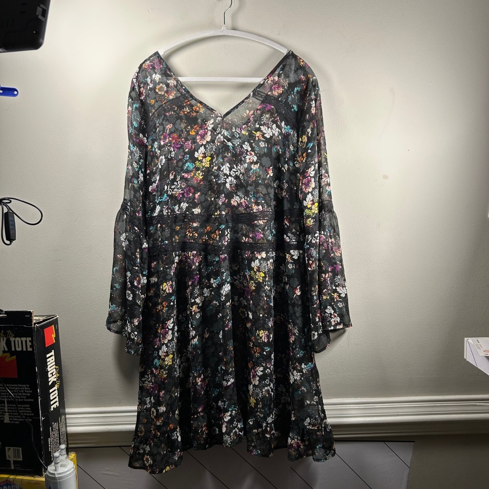 Bongo Plus Floral Blouse Womens 1X Black Y2K Lace Trim Sheer Chiffon Boho Tiered